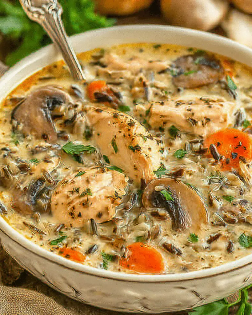 Cremige Pilz-Hähnchen-Suppe mit Wildreis Rezept