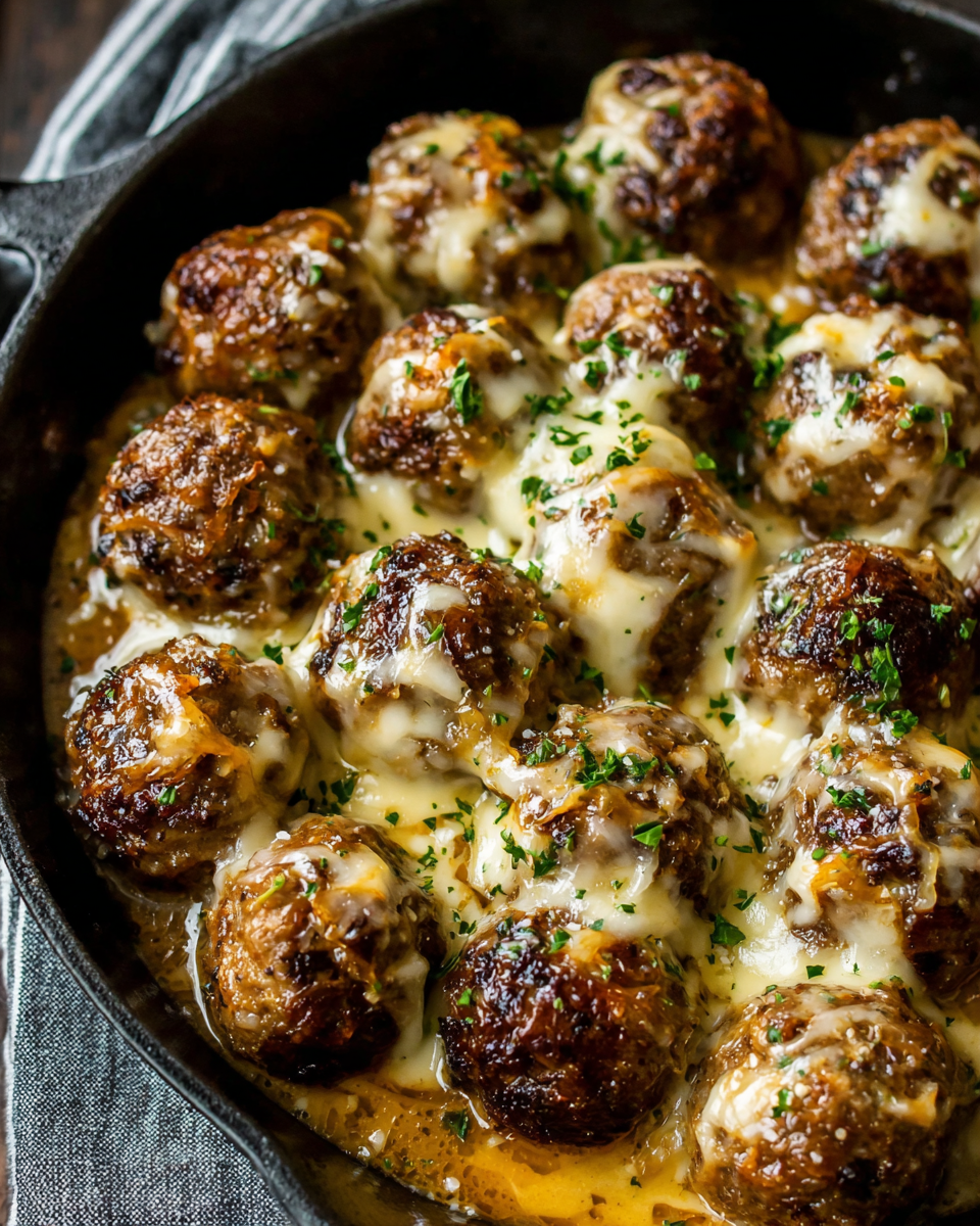 Käsige Französische Zwiebel-Fleischbällchen Rezept