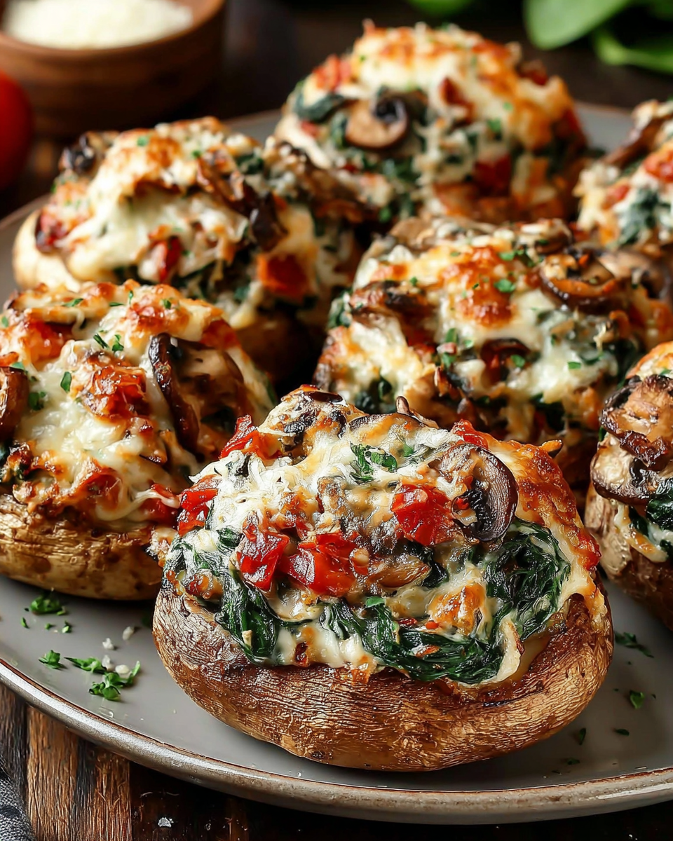 Gebackene Kartoffeln mit Spinat, Käse und Pilzen Rezept