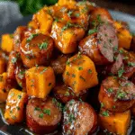 Würstchen und Süßkartoffeln mit Honig-Knoblauch-Sauce Rezept