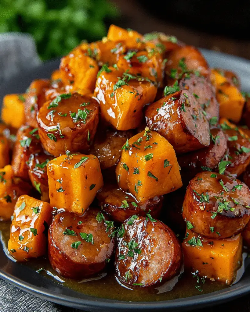 Würstchen und Süßkartoffeln mit Honig-Knoblauch-Sauce Rezept