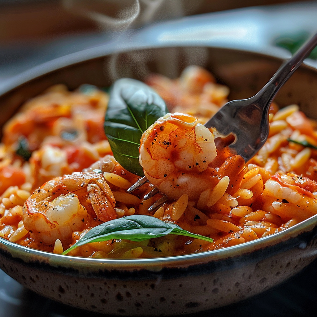 fresh ingredients for Cremige One-Pot-Tomaten-Mascarpone-Orzo Mit Basilikum Und Garnelen – Einfaches 20-Minuten-Gericht