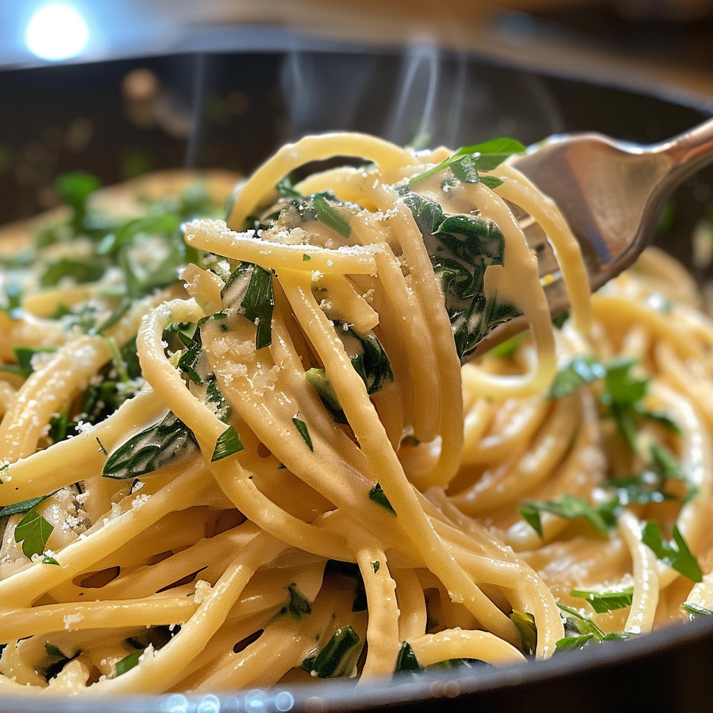 fresh ingredients for Cremige One-Pot-Zitronen-Knoblauch-Pasta Mit Spinat – Einfaches Abendessen Unter 30 Minuten