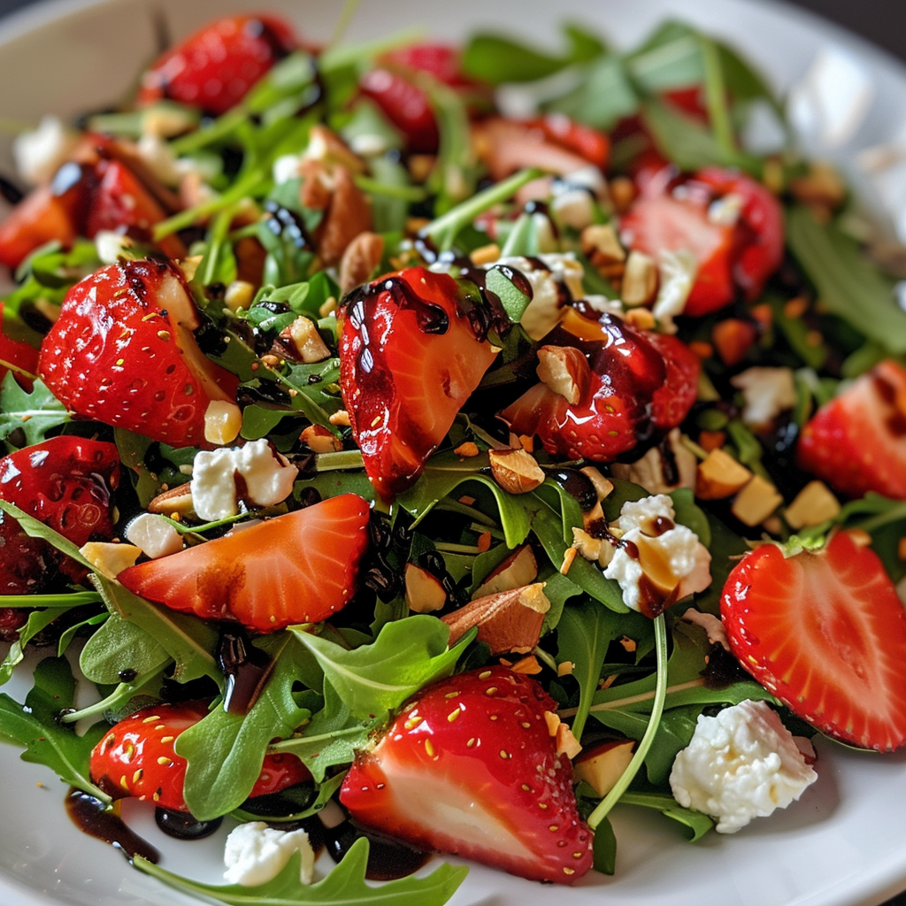 fresh ingredients for Frischer Erdbeer-Rucola-Salat Mit Balsamico-Dressing Und ZiegenkäSe – Perfekt FüR Den Sommer