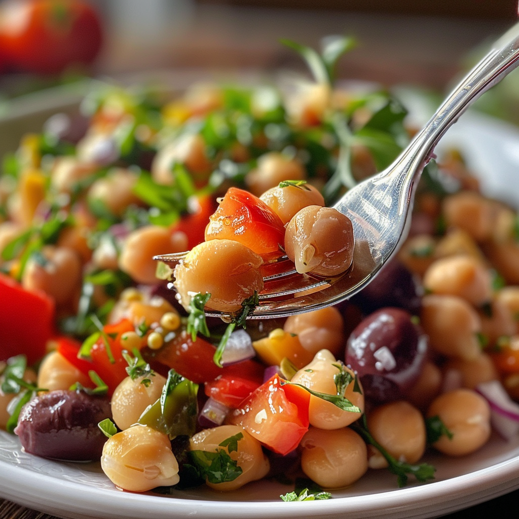 fresh ingredients for Gesunder Mediterraner Kichererbsen-Salat Mit GeröSteten Paprika Und Oliven – Proteinreich Und Glutenfrei