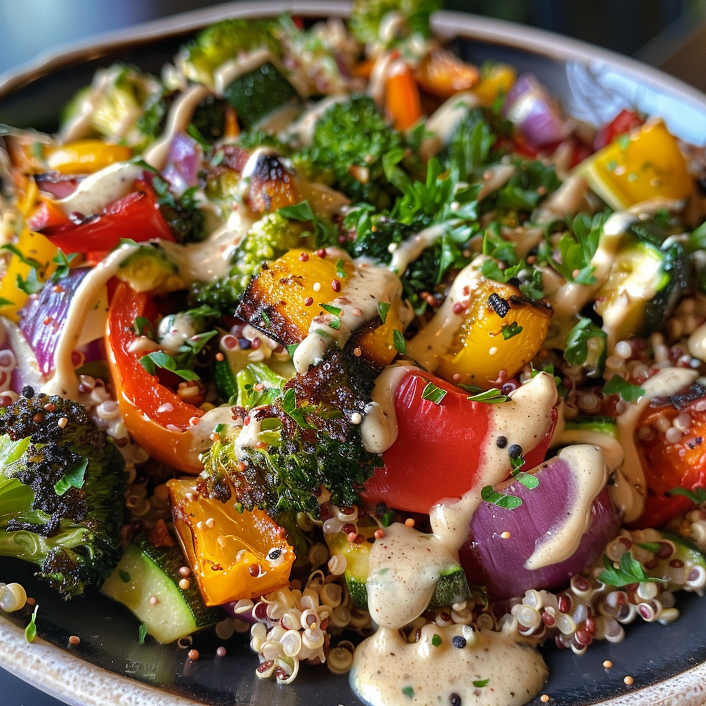 how to make Gesunder Quinoa-Salat Mit GeröStetem GemüSe Und Tahini-Dressing – Proteinreich Und Vegan step by step