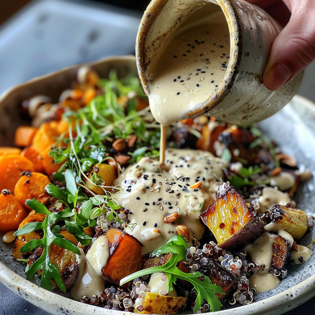 fresh ingredients for Gesunder Quinoa-Salat Mit GeröStetem GemüSe Und Tahini-Dressing – Proteinreich Und Vegan