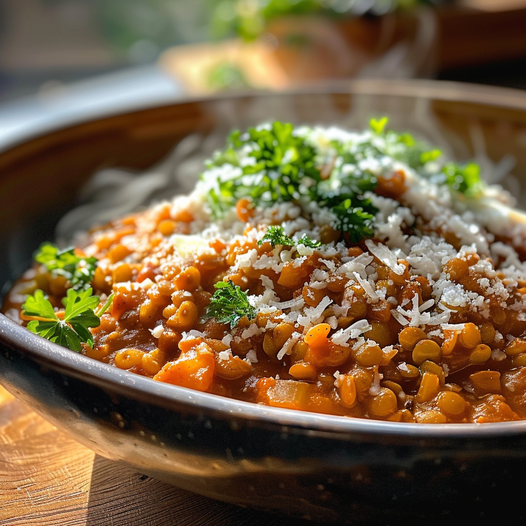 how to make Cremige One-Pot-Linsen-Bolognese Mit Frischen KräUtern Und Parmesan – Einfaches Vegetarisches Familienessen step by step