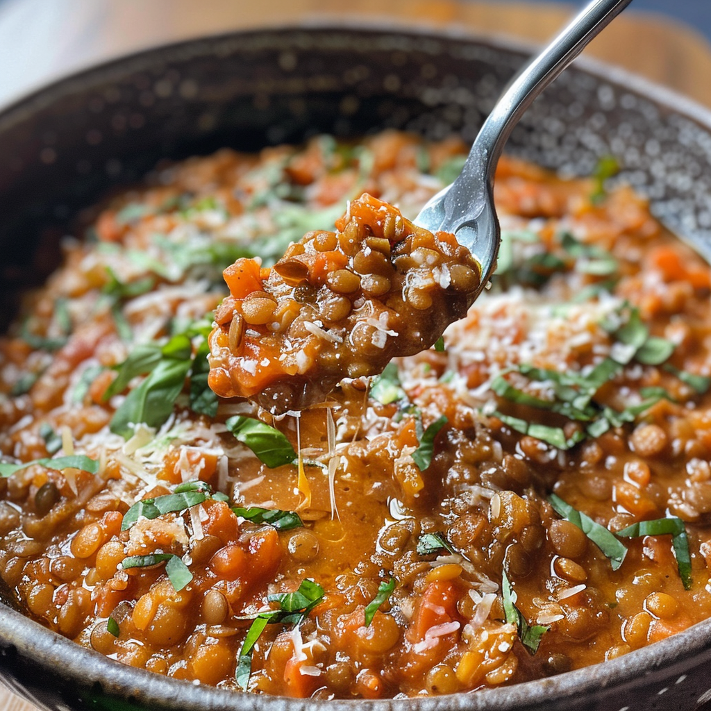 fresh ingredients for Cremige One-Pot-Linsen-Bolognese Mit Frischen KräUtern Und Parmesan – Einfaches Vegetarisches Familienessen