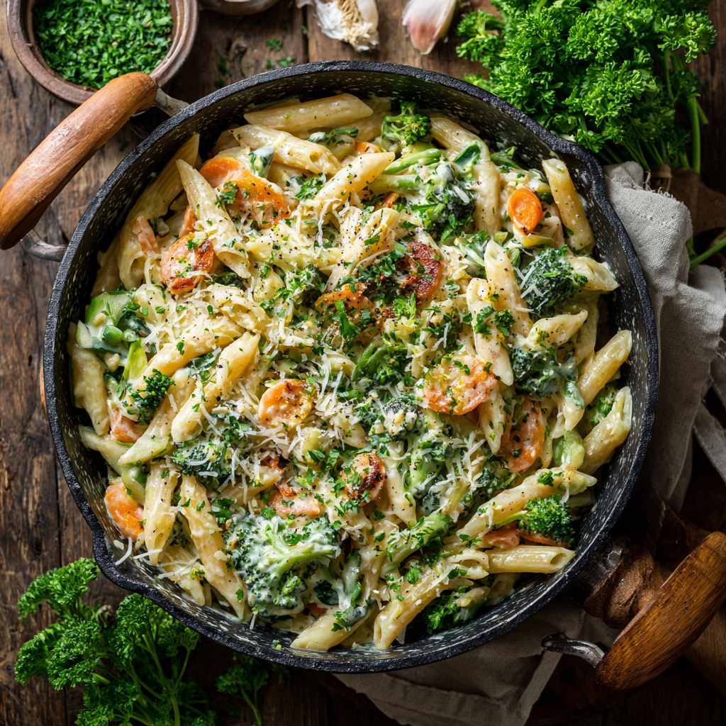 fresh ingredients for Cremige One-Pot-Pasta Mit Frischem SommergemüSe Die In Nur 20 Minuten Auf Dem Tisch Steht