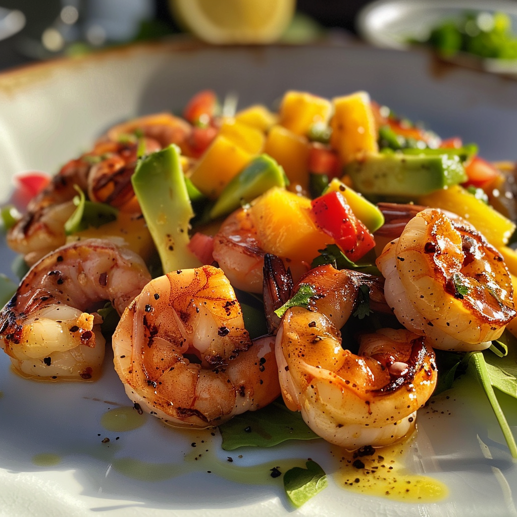 fresh ingredients for Frischer Mango-Avocado-Salat Mit Chili-Limetten-Dressing Und Gegrillten Garnelen – Perfekt FüR Leichte Sommerabende