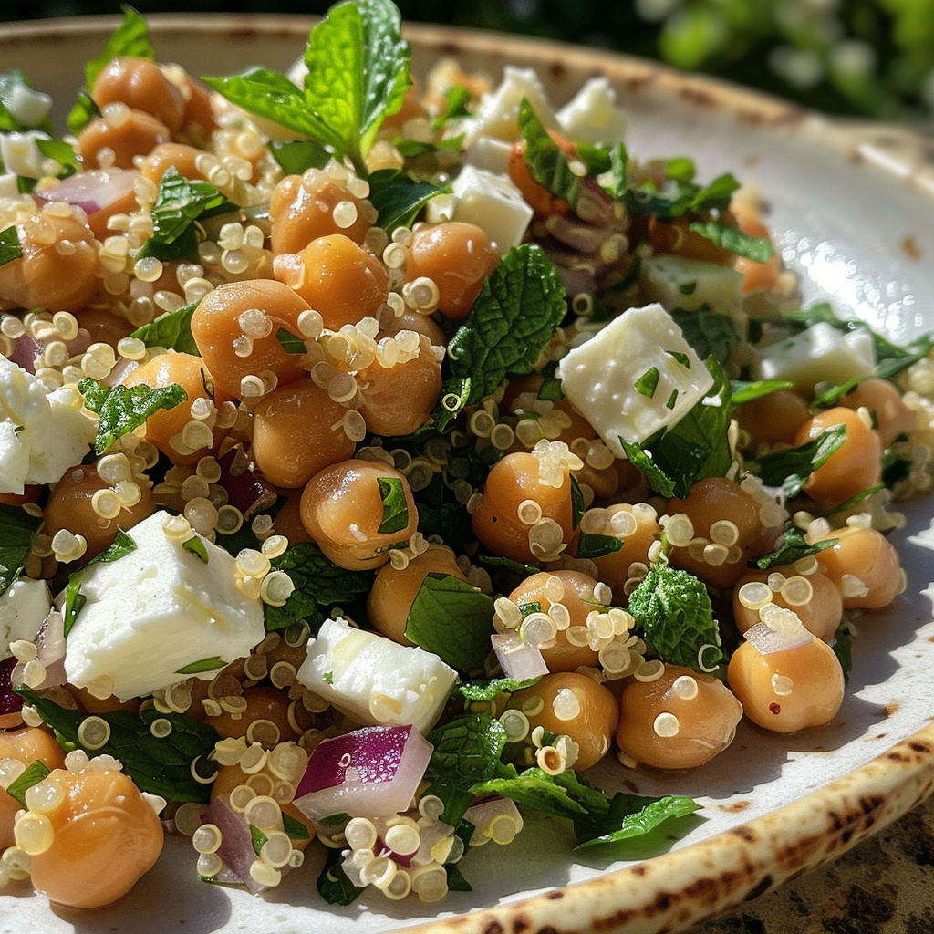fresh ingredients for Gesunder Mediterraner Quinoa-Salat Mit GeröSteten Kichererbsen, Feta Und Zitronen-Minz-Dressing – Proteinreich Und Glutenfrei FüR Meal Prep