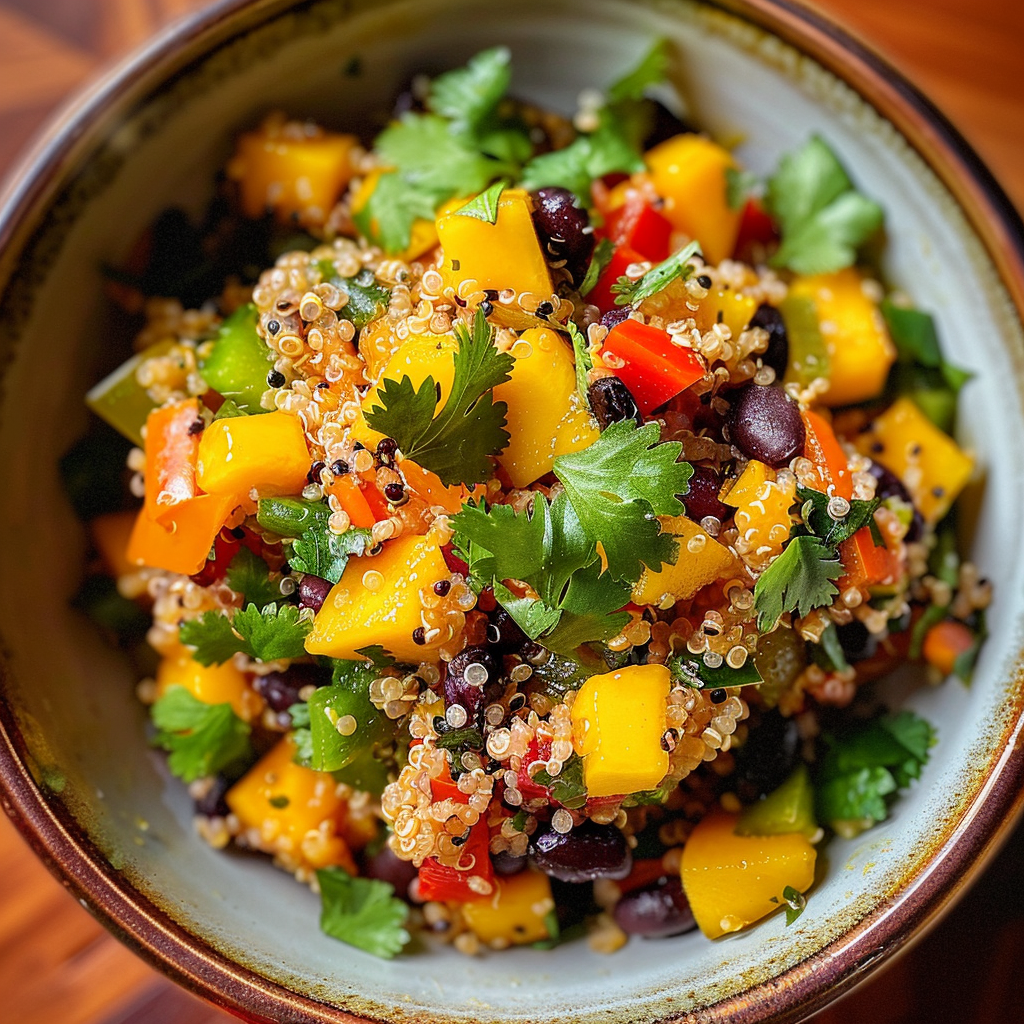 fresh ingredients for Gesunder Regenbogen-Quinoa-Salat Mit Mango, Schwarzen Bohnen Und Limetten-Koriander-Dressing – Proteinreich Und Glutenfrei FüR Meal Prep