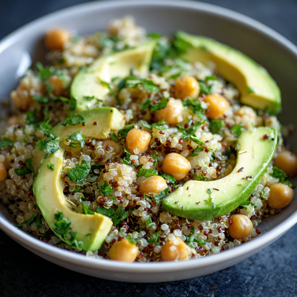 fresh ingredients for Knackiger Quinoa-Salat Mit Avocado Und Kichererbsen FüR Ein Gesundes Mittagessen Im BüRo