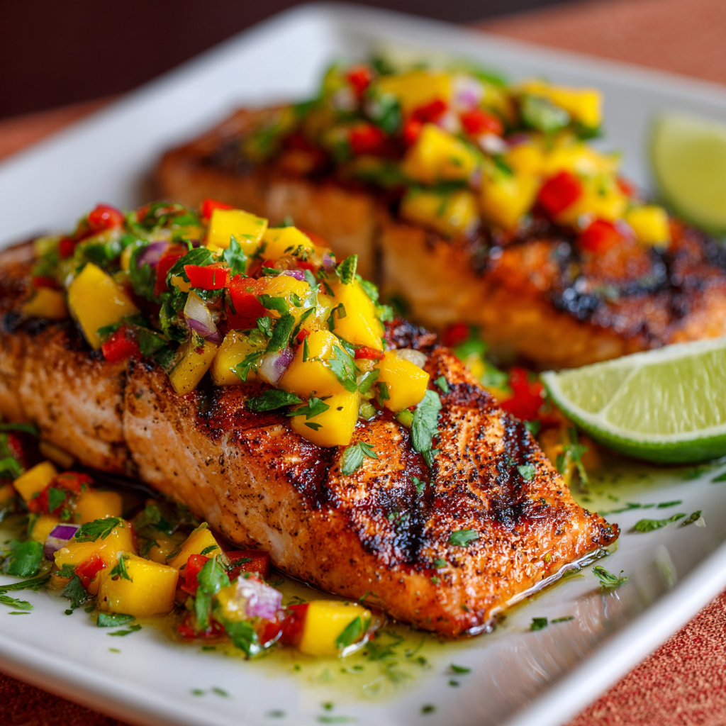 fresh ingredients for Saftige Lachsfilets Vom Grill Mit Einer Leichten Mango-Salsa FüR Laue Sommerabende